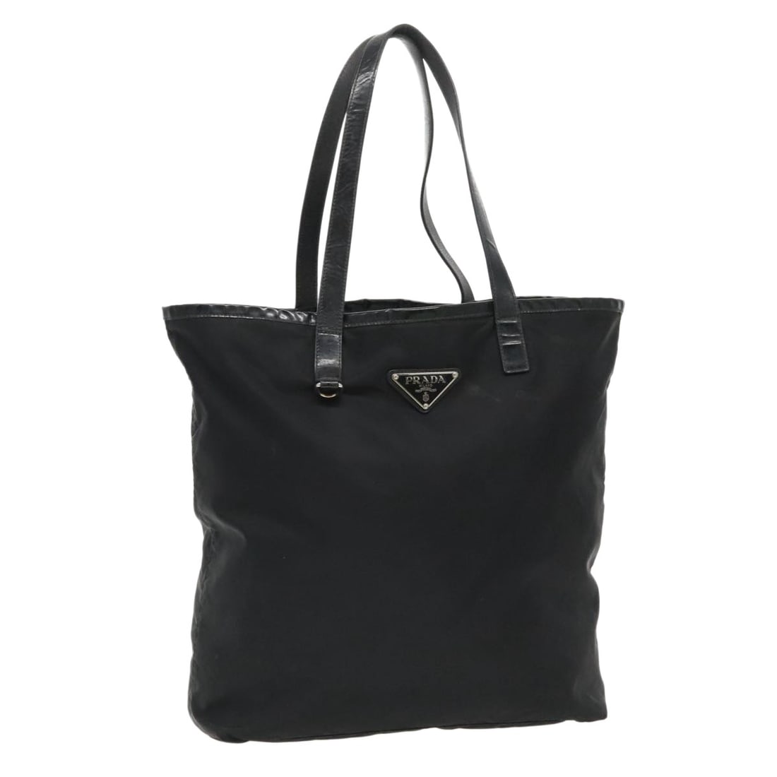Prada Black Nylon Tote Bag with Silver Accents Italy: Prada Black Nylon Tote Bag with Silver Accents Italy This is a PRADA women's tote bag crafted from black nylon with silver-tone accents. The bag features dual top handles with an approximate drop of 9