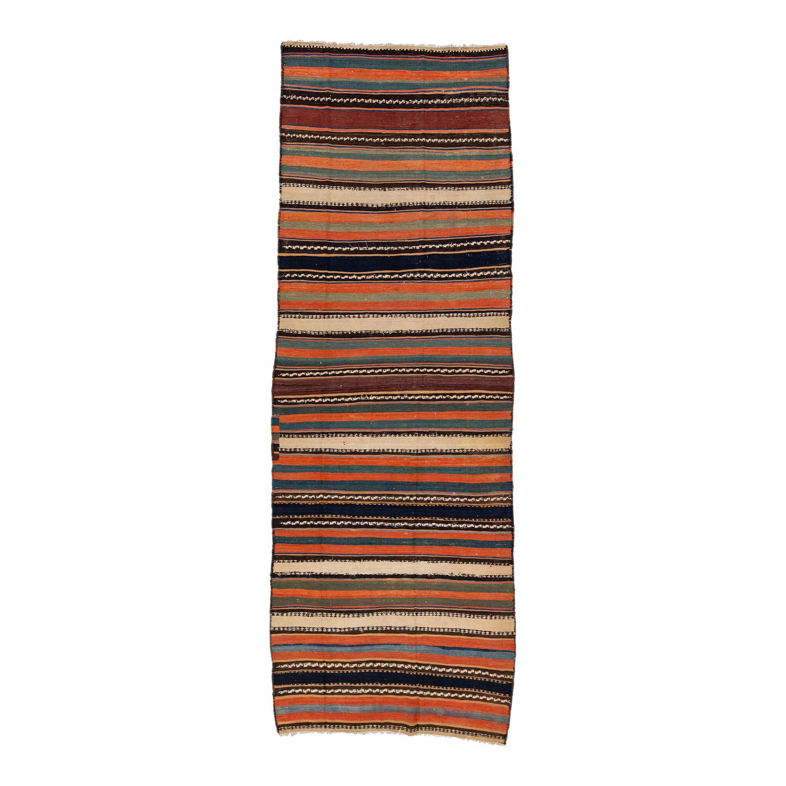 Vintage Turkish Kilim Wool Runner Multicolor Geometric Stripes 4'1 x 11'7: Vintage Turkish Kilim Wool Runner Multicolor Geometric Stripes 4'1 x 11'7 This stunning vintage Turkish Kilim runner features a vibrant orange field adorned with multicolor geometric stripes, showcasi