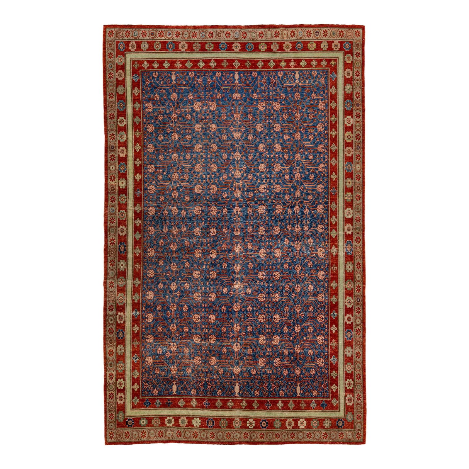 Vintage Khotan Handmade Wool Area Rug Blue Floral Design 7'8 x 12'4: Vintage Khotan Handmade Wool Area Rug Blue Floral Design 7'8 x 12'4 This exquisite vintage Khotan style area rug features a stunning blue field accented by a floral-designed red frame. The intricate d