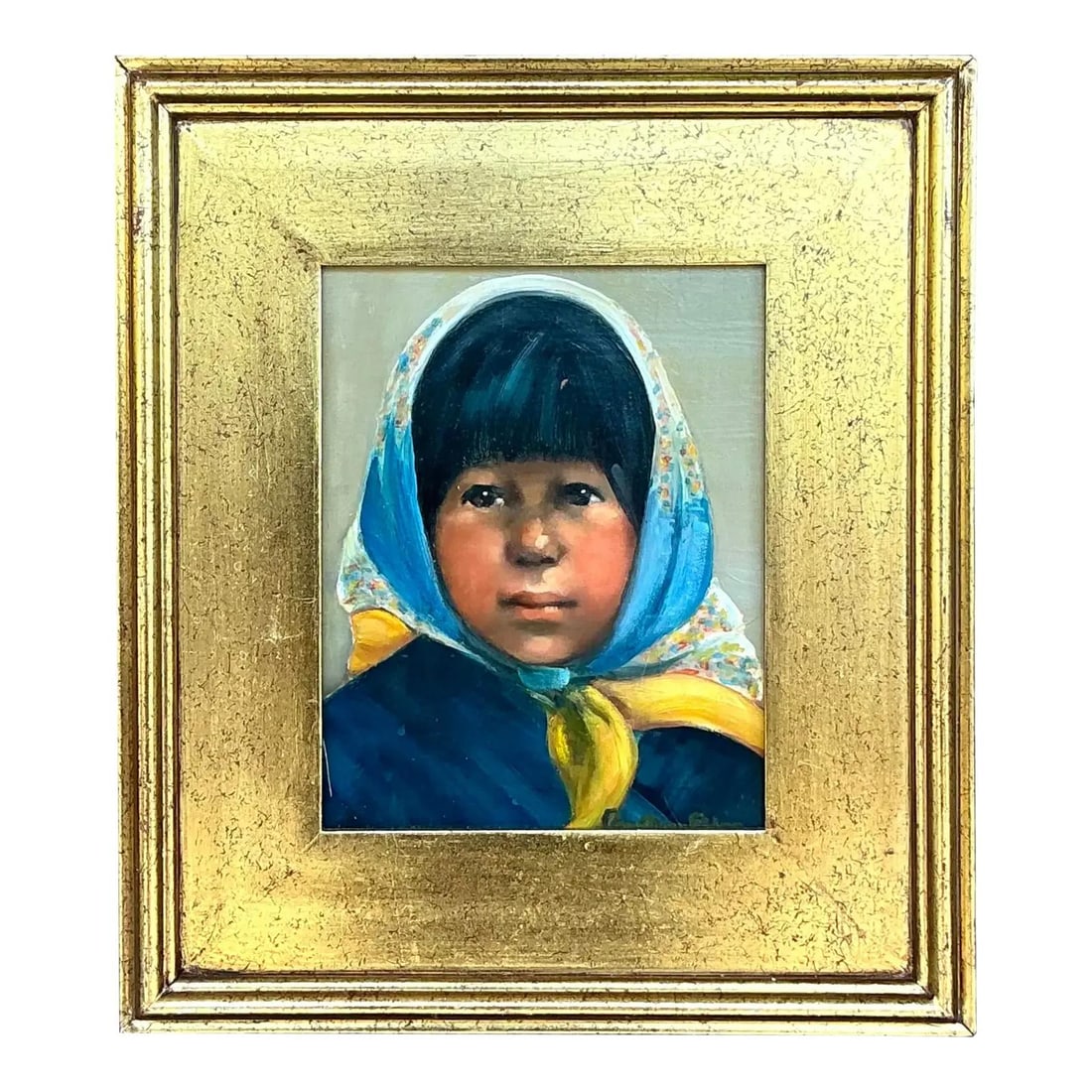 Vintage Boho Oil Portrait of Woman in Gold Leaf Frame: Vintage Boho Oil Portrait of Woman in Gold Leaf Frame This vintage oil portrait captures the essence of a young woman wrapped in a colorful kerchief, showcasing a blend of quiet strength and old-world