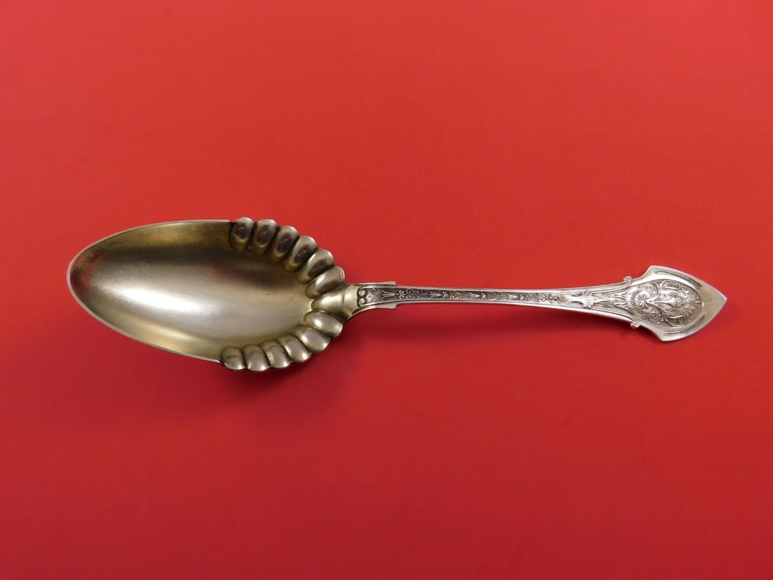 Wood & Hughes Angelo Sterling Silver Preserve Spoon 8" Gold-Washed Bright-Cut (1 of 1)