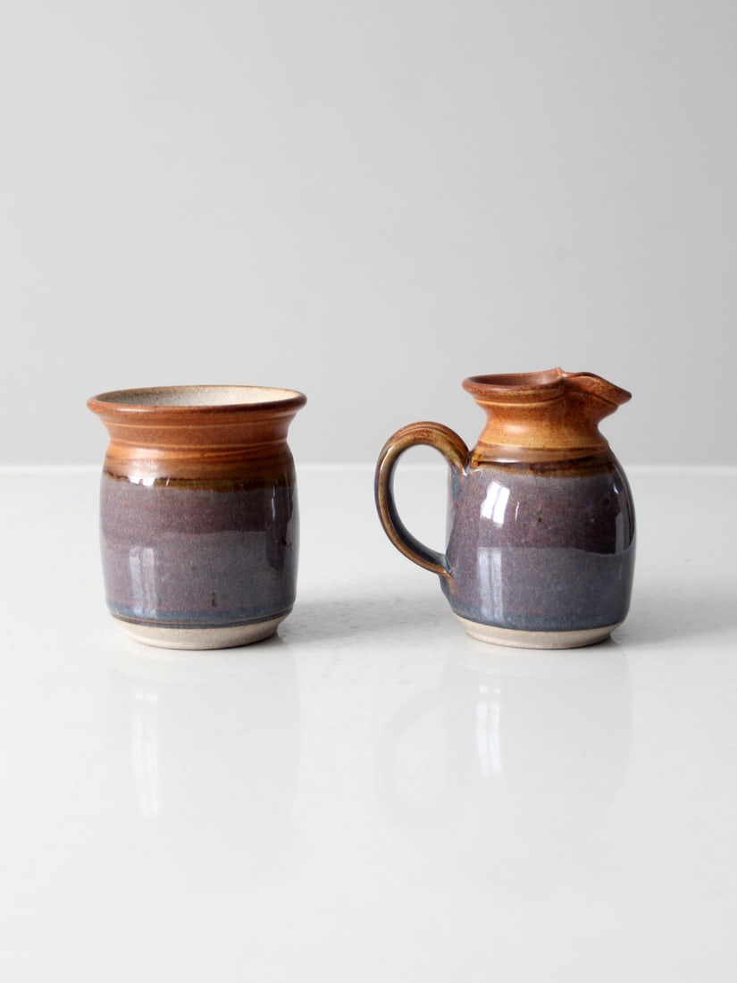 Signed Vintage Studio Pottery Creamer and Sugar Bowl Set Purple Brown Glaze (1 of 11)