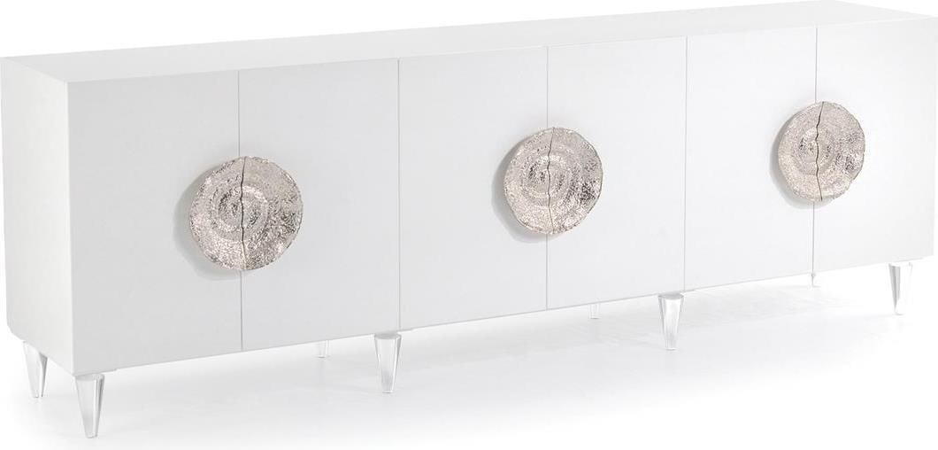John-Richard Ice White Acrylic Credenza with Silver Handles: John-Richard Ice White Acrylic Credenza with Silver Handles Introducing the Elegant Ice White Credenza, a stunning addition to your home decor. This transitional-style piece features a sleek acrylic c