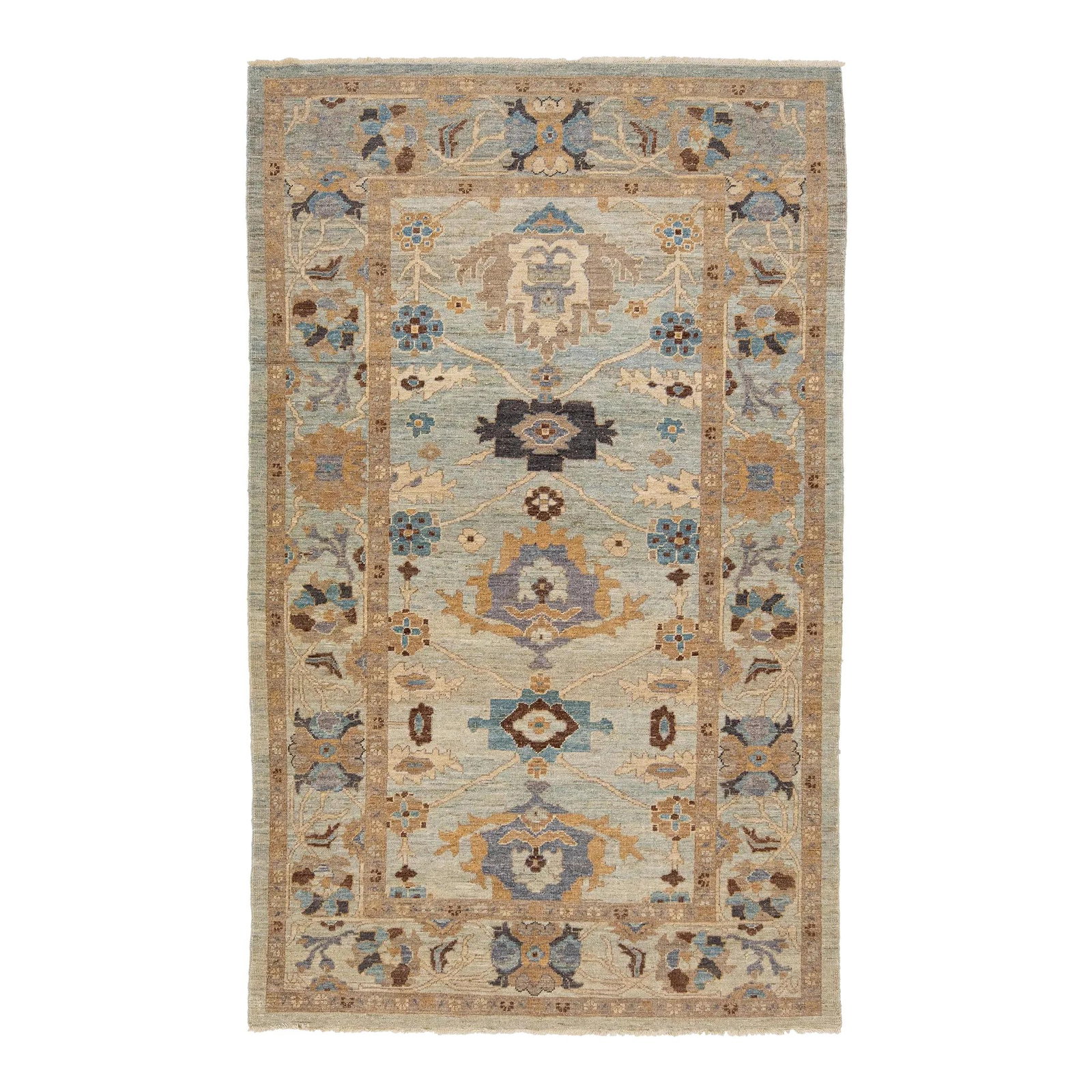 Blue Floral Motif Handmade Wool Sultanabad Rug 5'10 x 9'8: Blue Floral Motif Handmade Wool Sultanabad Rug 5'10 x 9'8 Enhance your space with this exquisite hand-knotted Sultanabad rug, showcasing a captivating blue field enriched with elegant brown, beige, an