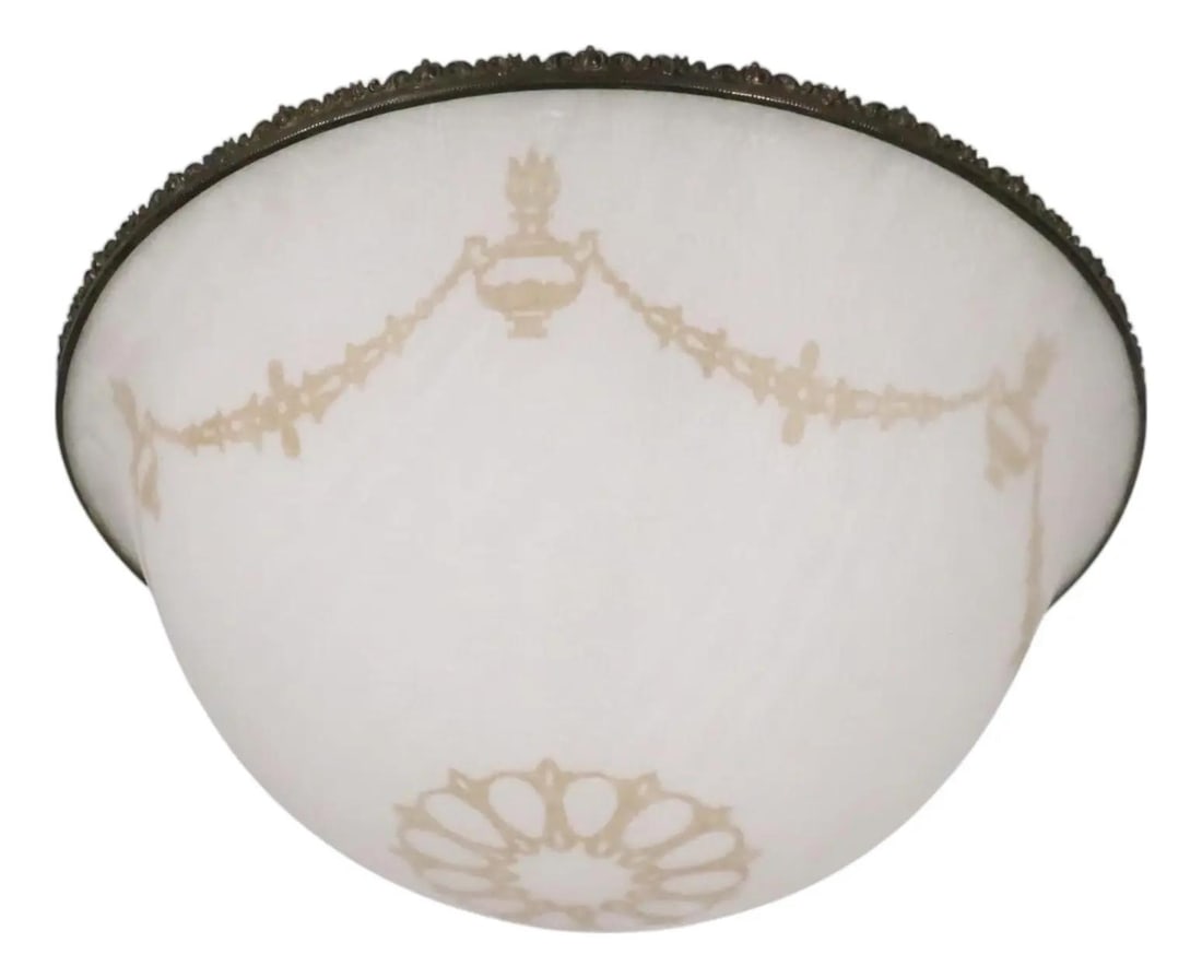 Vintage Art Deco Inverted Bowl Lamp Shade C. 1920s Urn Motif: Vintage Art Deco Inverted Bowl Lamp Shade C. 1920s Urn Motif This exquisite Art Deco inverted hanging chandelier bowl lamp shade, dating back to the 1920s or 1930s, features a stunning slumped glass s