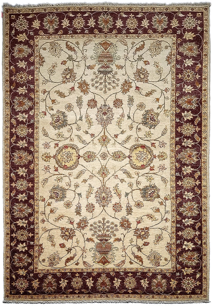 5'5" x 8'5" Creamy Vegetable Dyed Chobi Handmade Rug India (1 of 9)