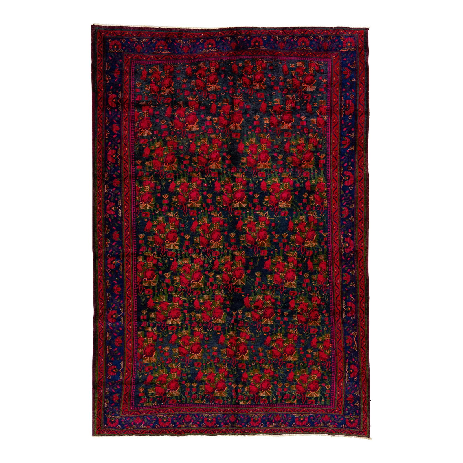 Vintage Persian Bidjar Hand-Knotted Navy Blue Wool Rug 7'4 x 10'10: Vintage Persian Bidjar Hand-Knotted Navy Blue Wool Rug 7'4 x 10'10 This exquisite vintage Persian Bidjar rug showcases a stunning hand-knotted wool construction with a rich navy blue field. It feature