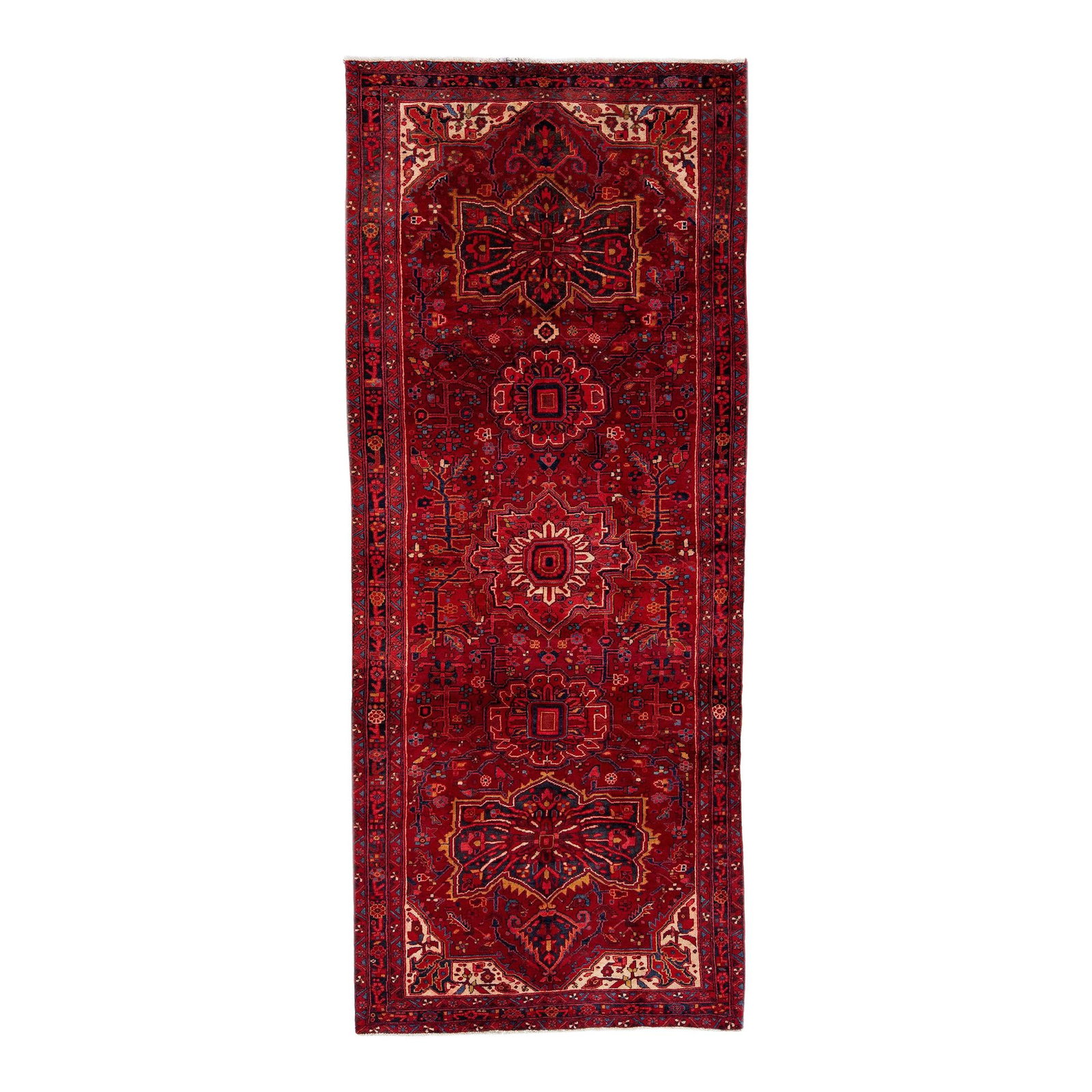Antique Persian Heriz Wool Runner Red Floral Pattern 5'1 x 12'5: Antique Persian Heriz Wool Runner Red Floral Pattern 5'1 x 12'5 This exquisite antique Heriz runner features a stunning all-over floral pattern in a vibrant red color field, showcasing the artistry of