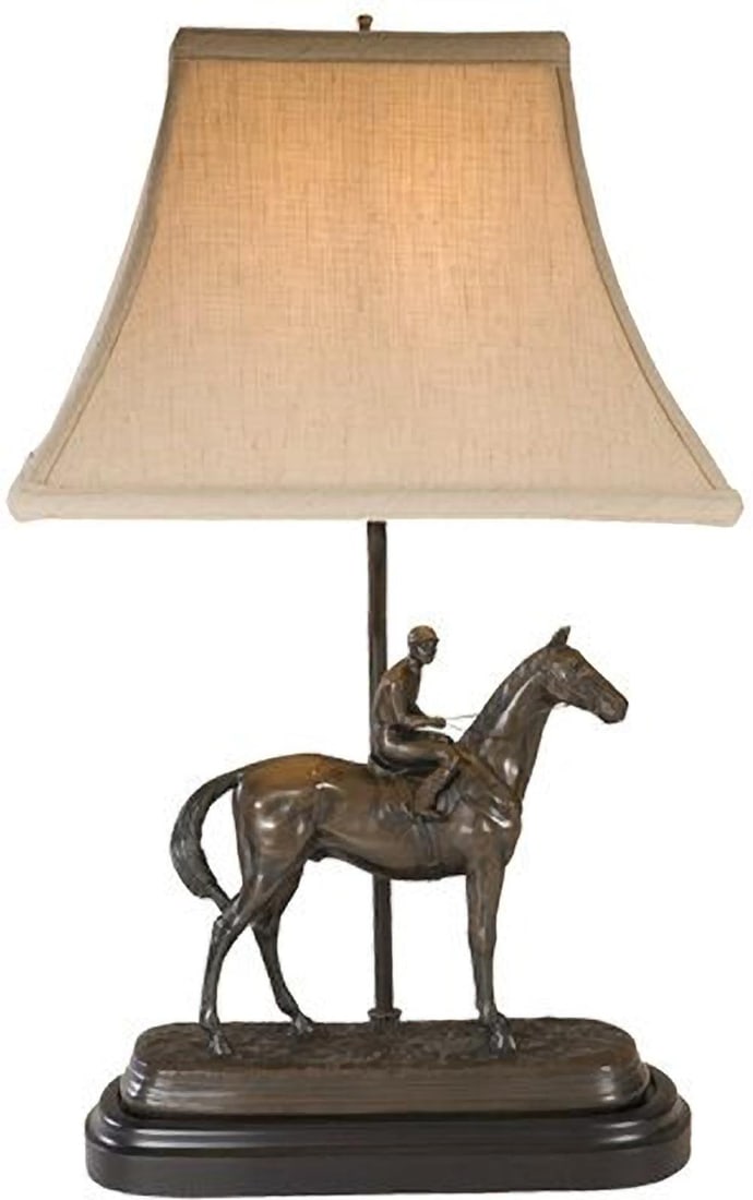Equestrian Style Hand-Cast Horse and Jockey Sculpture Lamp by OK Casting: Equestrian Style Hand-Cast Horse and Jockey Sculpture Lamp by OK Casting This item is made at time of order. Please allow 42 to 70 days for production. Illuminate your space with this stunning Hand-Ca