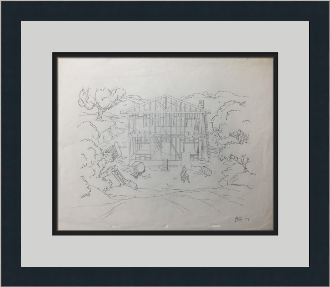 Framed Animation Studio Model Sheet Drawing House Construction Scene (1 of 3)