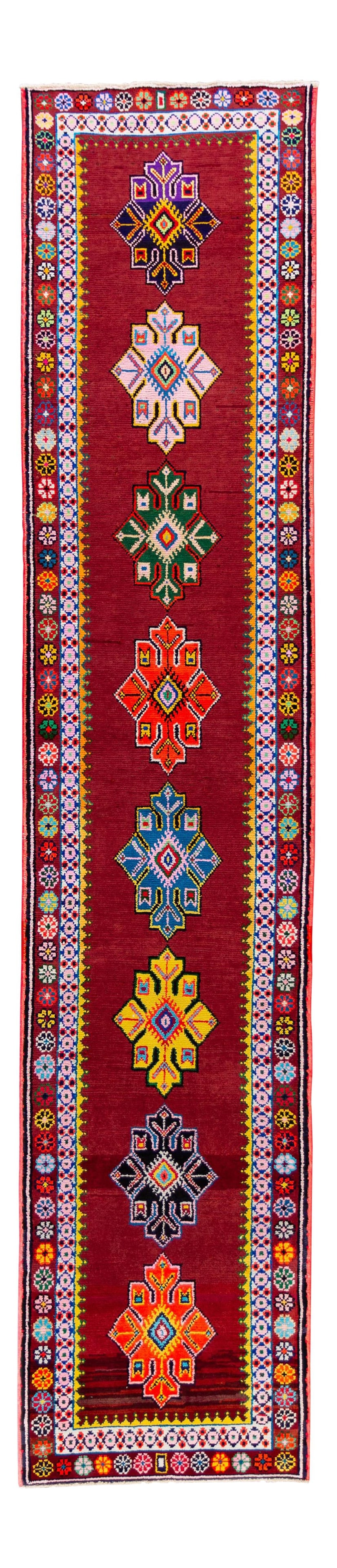 Mid-Century Hand Knotted Turkish Anatolian Runner Rug Red Wool 2'9 x 13'2: Mid-Century Hand Knotted Turkish Anatolian Runner Rug Red Wool 2'9 x 13'2 Discover the charm of this Mid-20th Century Vintage Turkish Anatolian Runner Rug, meticulously hand knotted to showcase an int