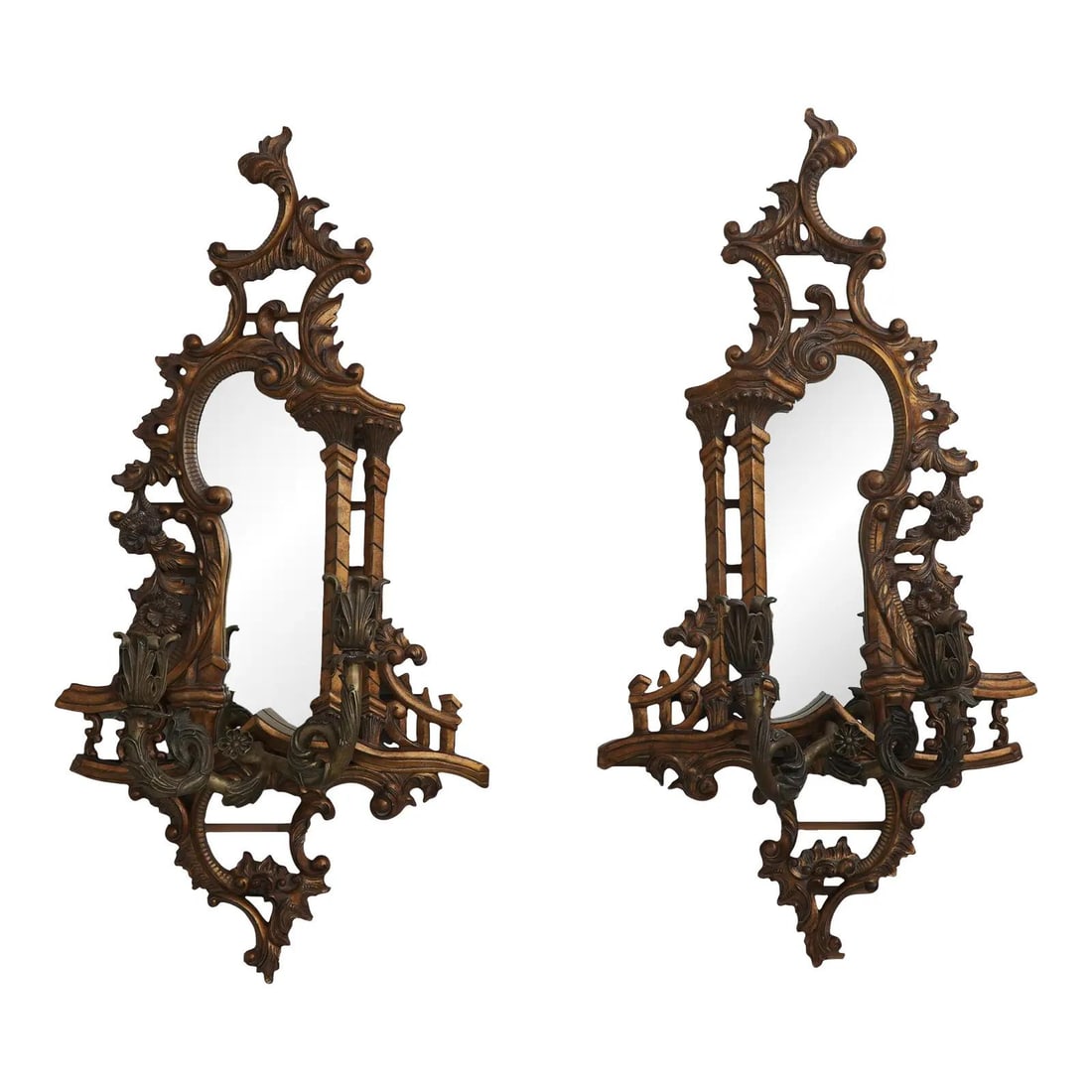Maitland Smith Chinese Chippendale Brass Wall Sconces Pair with Mirrored Backs (1 of 10)