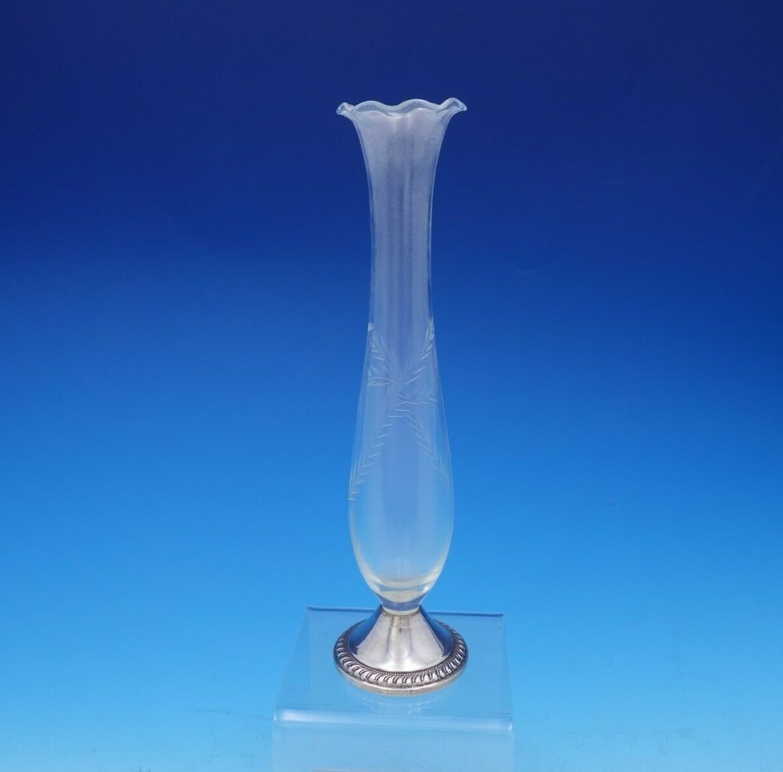 Raimond Sterling Silver Etched Glass Vase Ruffled Top Gadroon Border 9.75" (1 of 3)