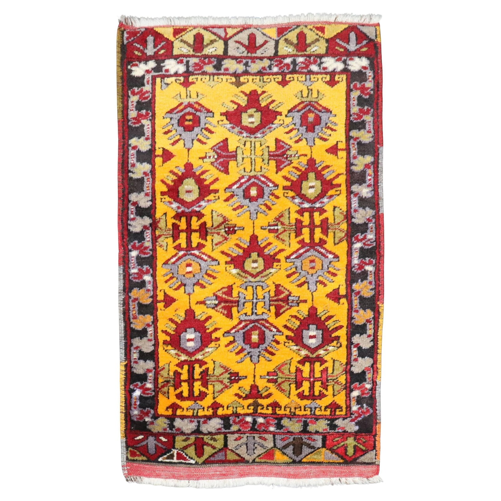 Zabihi Antique Turkish Hand-Knotted Mini Rug 1'8'' x 3': Zabihi Antique Turkish Hand-Knotted Mini Rug 1'8'' x 3' Discover the charm of this early 20th-century Turkish Anatolian scatter mini rug, featuring a delightful Greco Roman style. Hand-knotted from lu