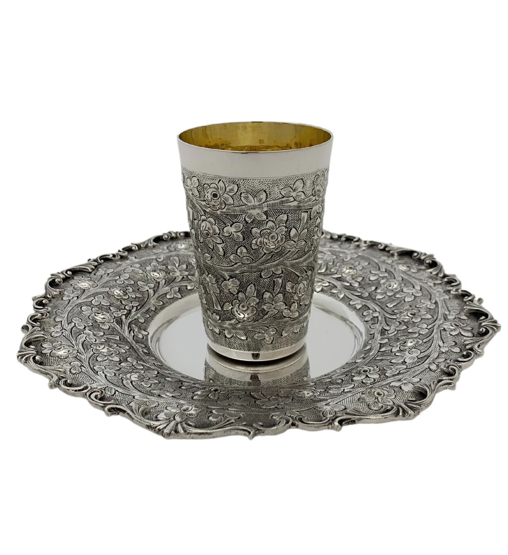 Handmade 925 Sterling Silver Floral Cup and Tray Set (1 of 4)