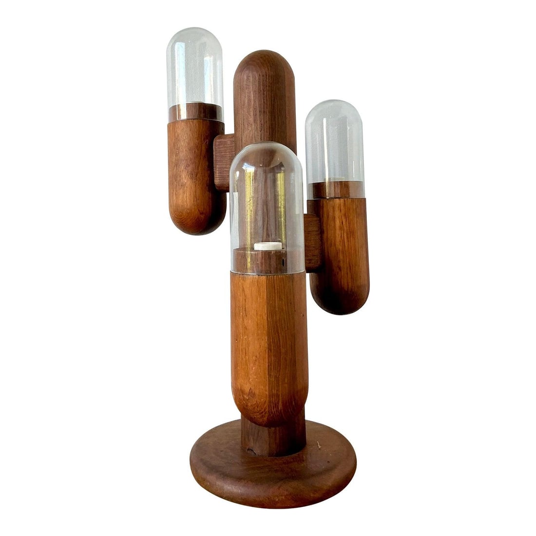 Three Arm Teak Table Lamp by Charles Gibilterra with Glass Domes: Three Arm Teak Table Lamp by Charles Gibilterra with Glass Domes This sculptural table lamp by Charles Gibilterra is a hallmark of the Organic Modern design movement from the 1970s. Expertly crafted f