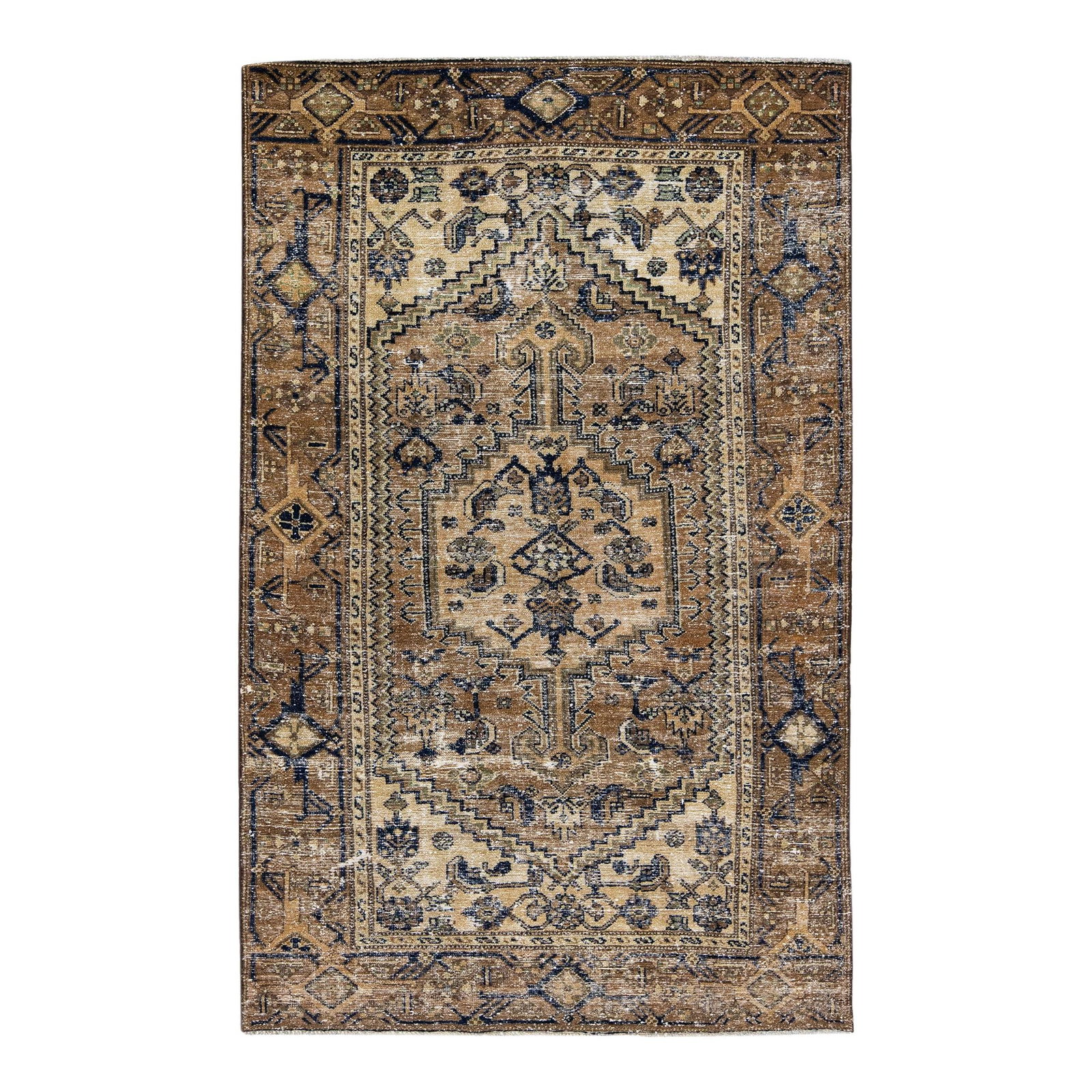 1960s Vintage Persian Distressed Tribal Wool Rug 4' x 6'6: 1960s Vintage Persian Distressed Tribal Wool Rug 4' x 6'6 Enhance your space with this exquisite vintage Persian hand-knotted wool rug, showcasing a rich brown color field adorned with geometric triba