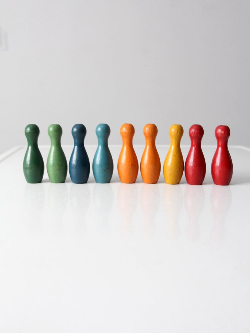 Vintage Colorful Wooden Bowling Skittles 9-Pin Tabletop Game (1 of 13)