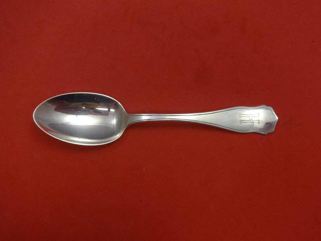 Ramona Pattern Sterling Silver Teaspoon by Shreve 5 7/8" Monogrammed: Ramona Pattern Sterling Silver Teaspoon by Shreve 5 7/8" Monogrammed This exquisite teaspoon from the Ramona pattern by Shreve is crafted from high-quality sterling silver. Measuring 5 7/8 inches, it