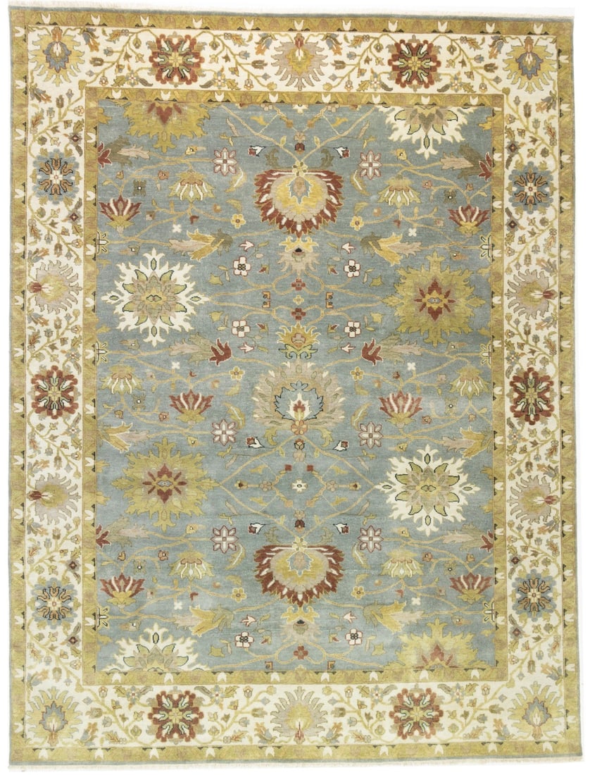 Hand-Knotted Wool Area Rug Floral Pattern 9'0 x 11'10 Modern Decor: Hand-Knotted Wool Area Rug Floral Pattern 9'0 x 11'10 Modern Decor This hand-knotted Osh Chobi Peshawar area rug features a modern floral pattern in blue-gray, cream, rusty red, tan, and dark teal ton