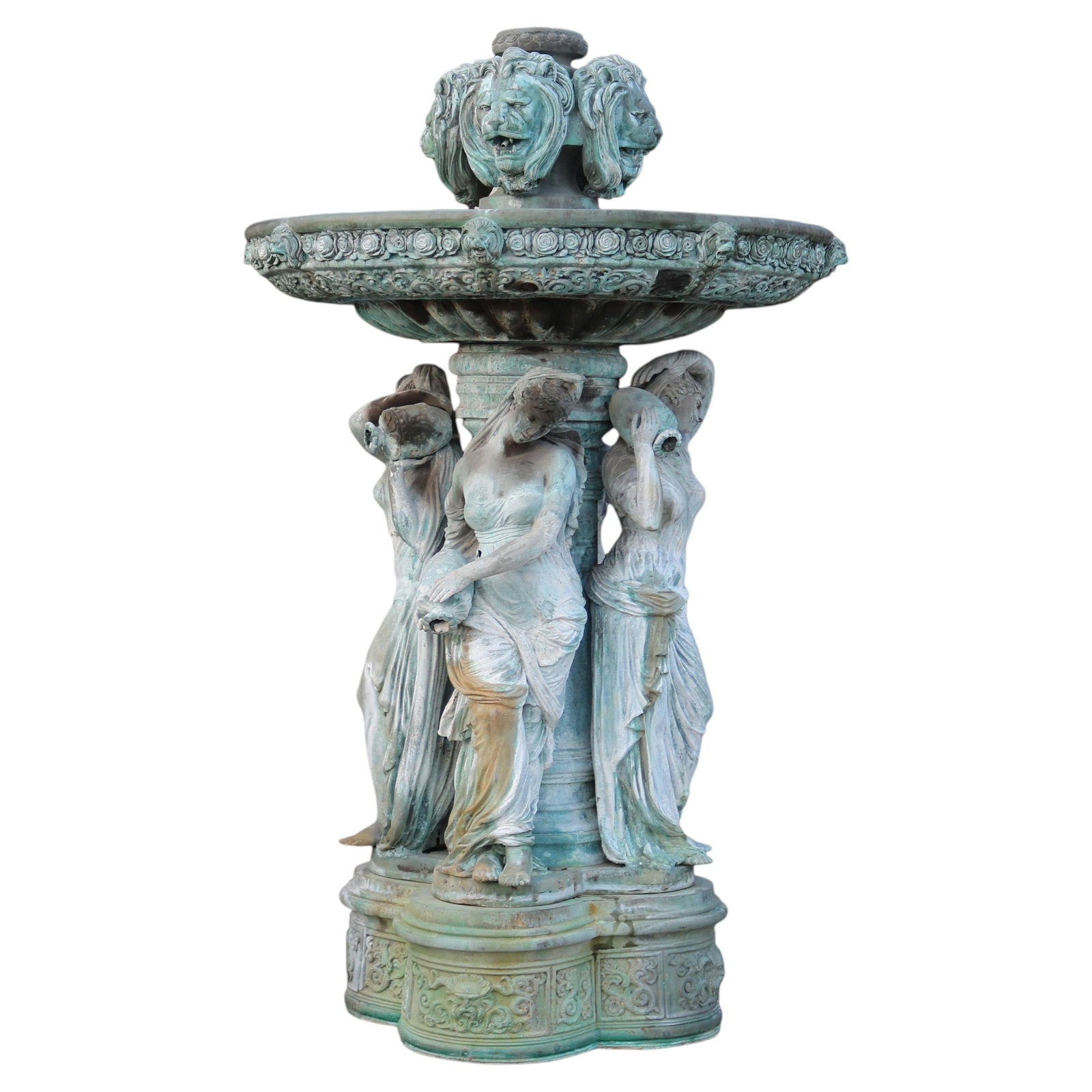 Large Bronze Garden Fountain With Classical Greco-Roman Female Figures 20th Century: Large Bronze Garden Fountain With Classical Greco-Roman Female Figures 20th Century This monumental bronze garden fountain is crafted in the classical Greco-Roman style and dates to the 20th century.