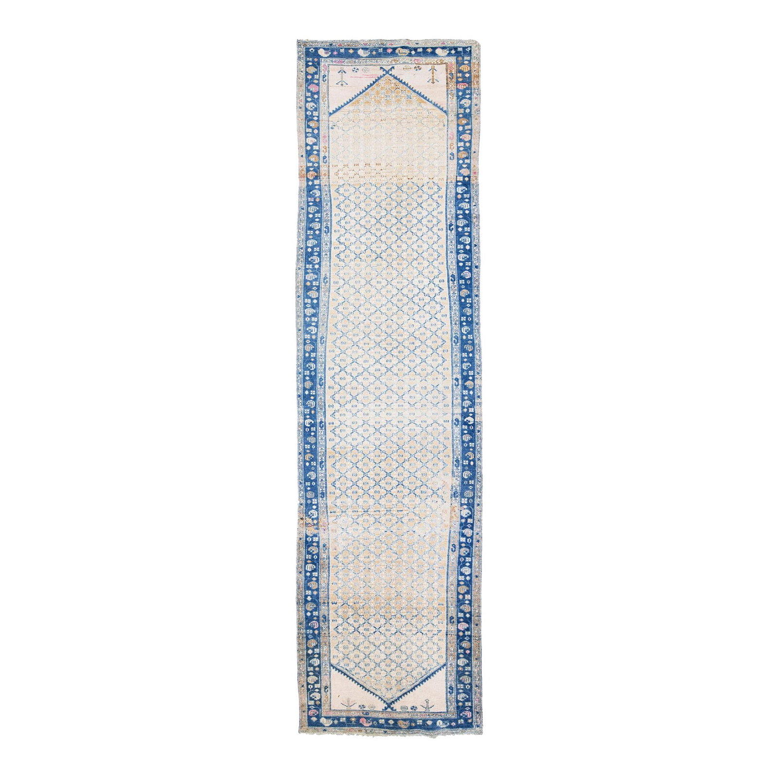 Vintage Persian Hamadan Beige Wool Runner 3'4" x 13" Handmade Shabby Chic (1 of 9)