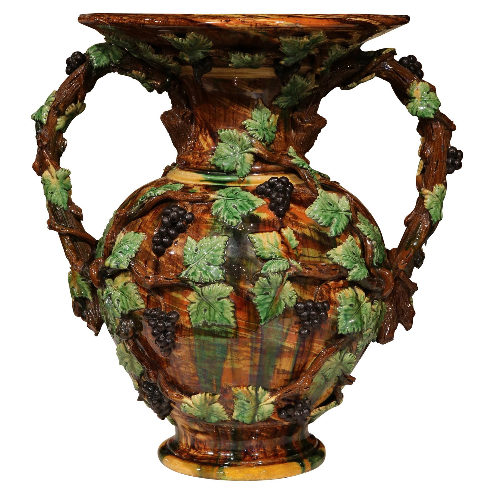 19th Century French Hand-Painted Ceramic Barbotine Vase with Grape Decor (1 of 9)