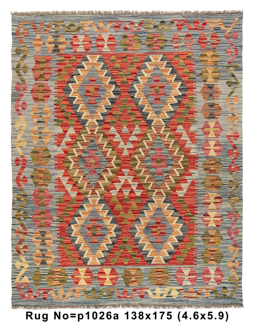 4.6 x 5.9 Handmade Vegetable Kilim Rug Red Wool Pakistan (1 of 9)