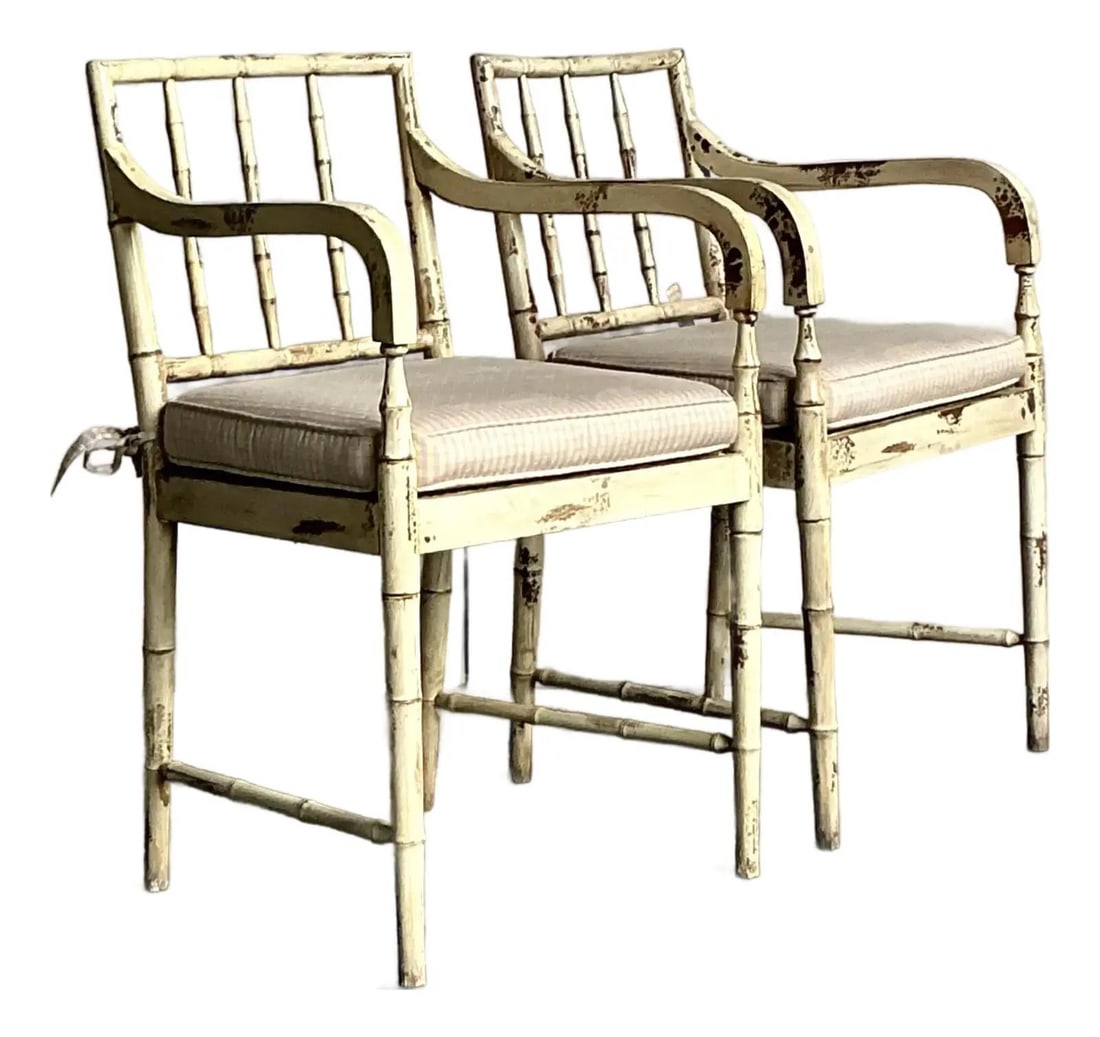 Pair of Vintage Cane Back Faux Bamboo Bohemian Armchairs With Patina (1 of 9)