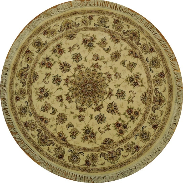 5' x 5' Handmade Ivory Wool and Silk Round Area Rug (1 of 6)