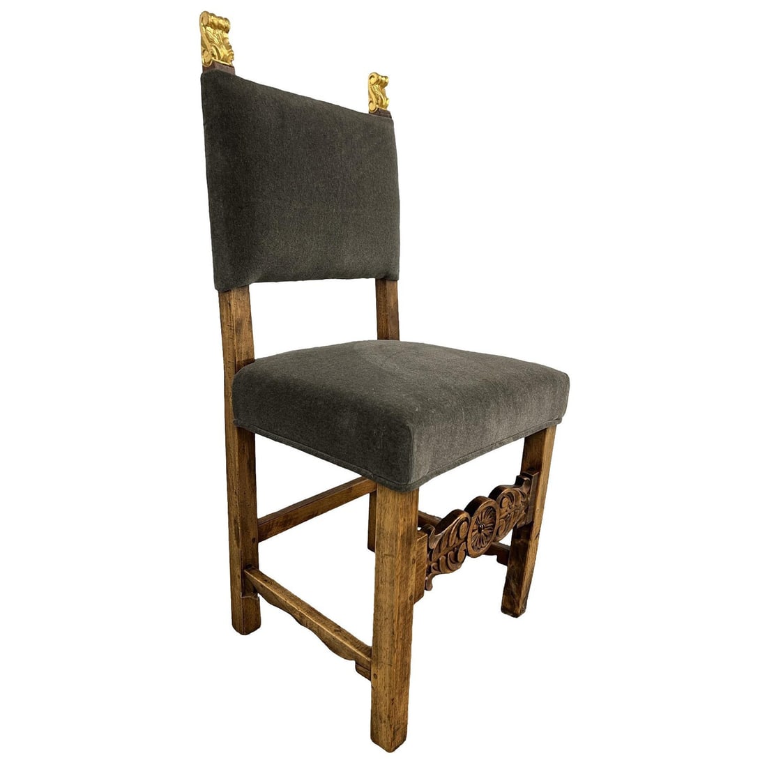 19th Century Spanish Baroque Giltwood Mohair Side Chair: 19th Century Spanish Baroque Giltwood Mohair Side Chair This exquisite 19th Century Spanish Baroque side chair is a striking addition to any antique collection. Crafted from giltwood, it features eleg