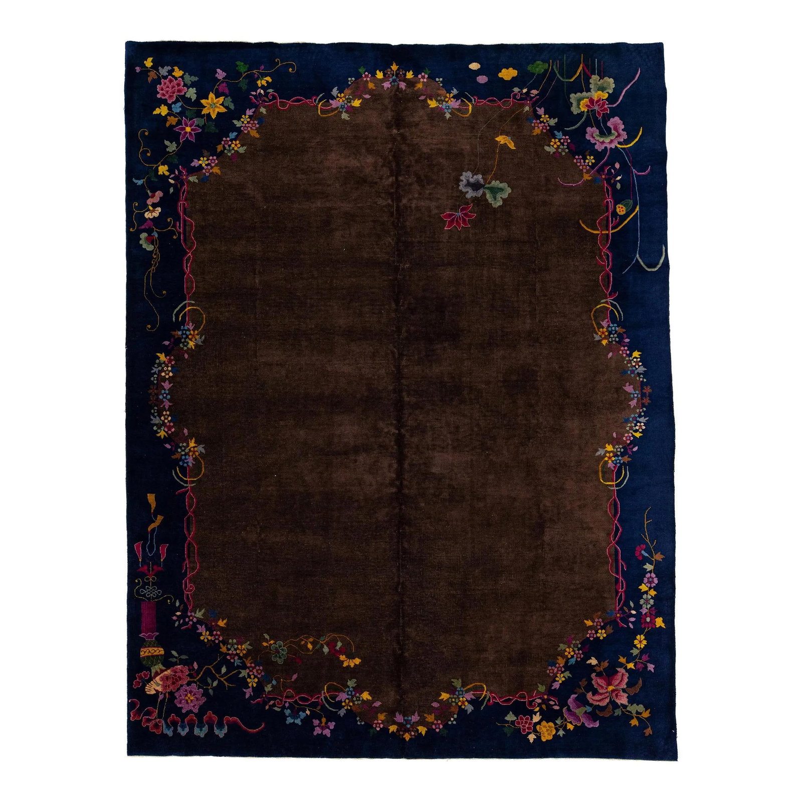 Antique Chinese Art Deco Wool Rug 9' x 11'8'' Floral Design: Antique Chinese Art Deco Wool Rug 9' x 11'8'' Floral Design Enhance your space with this exquisite antique Chinese Art Deco rug, masterfully hand-knotted from premium wool. The rich brownfield serves