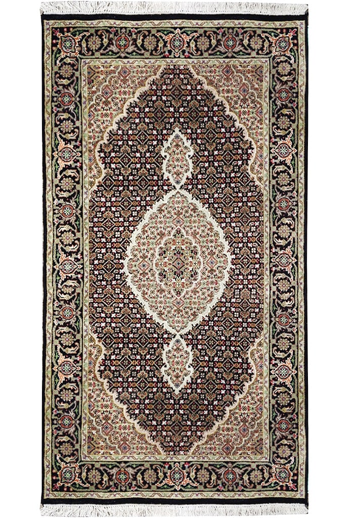 3.1 x 5.2 Black Wool Silk Hand-Knotted Mahi Area Rug: 3.1 x 5.2 Black Wool Silk Hand-Knotted Mahi Area Rug Free continental US Shipping Introducing a luxurious 3.1 x 5.2 Black Wool and Silk Hand-Knotted Mahi Rug, a masterpiece of timeless elegance and su