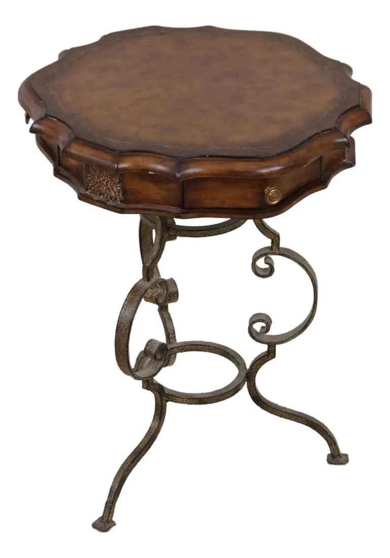 Traditional Mahogany Side Table with Embossed Leather Top and Wrought Iron Base (1 of 10)