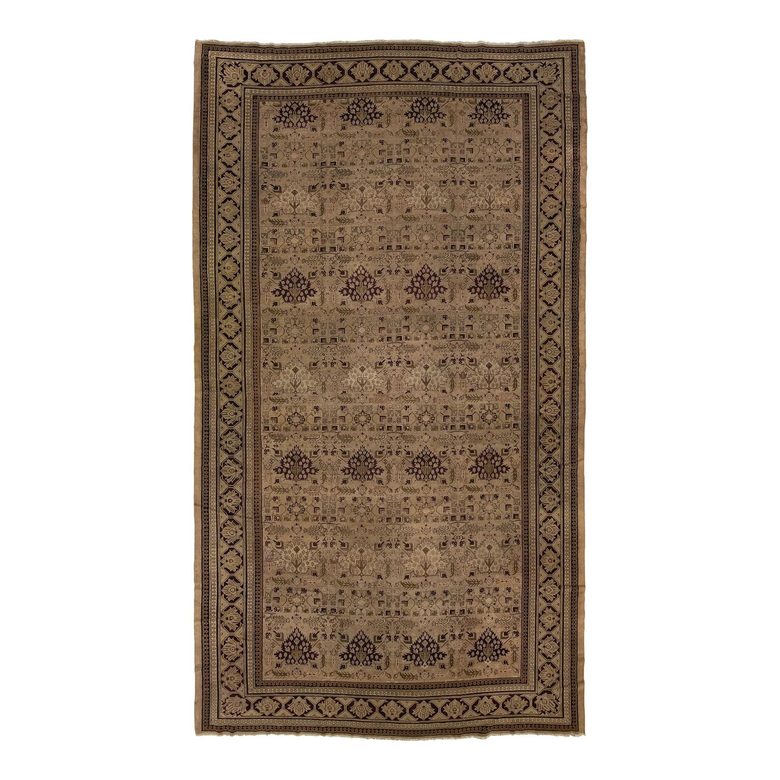 Antique Amritsar Wool Rug 11'1 x 19'10 Brown Floral Design: Antique Amritsar Wool Rug 11'1 x 19'10 Brown Floral Design This exquisite hand-knotted Amritsar wool rug showcases a light brown background adorned with intricate tan floral motifs. The design seamles