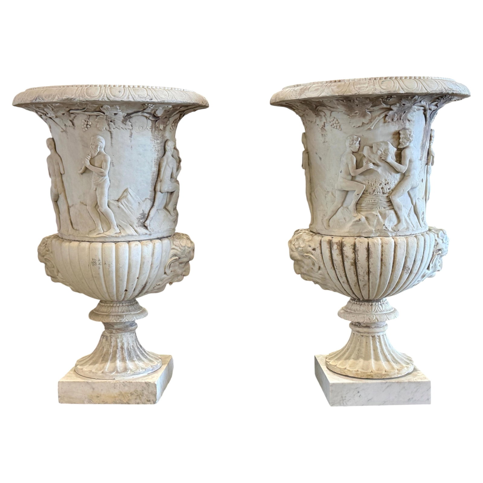 Set of Two Italian Marble Bacchanalian Urns 19th Century Hand Carved (1 of 18)