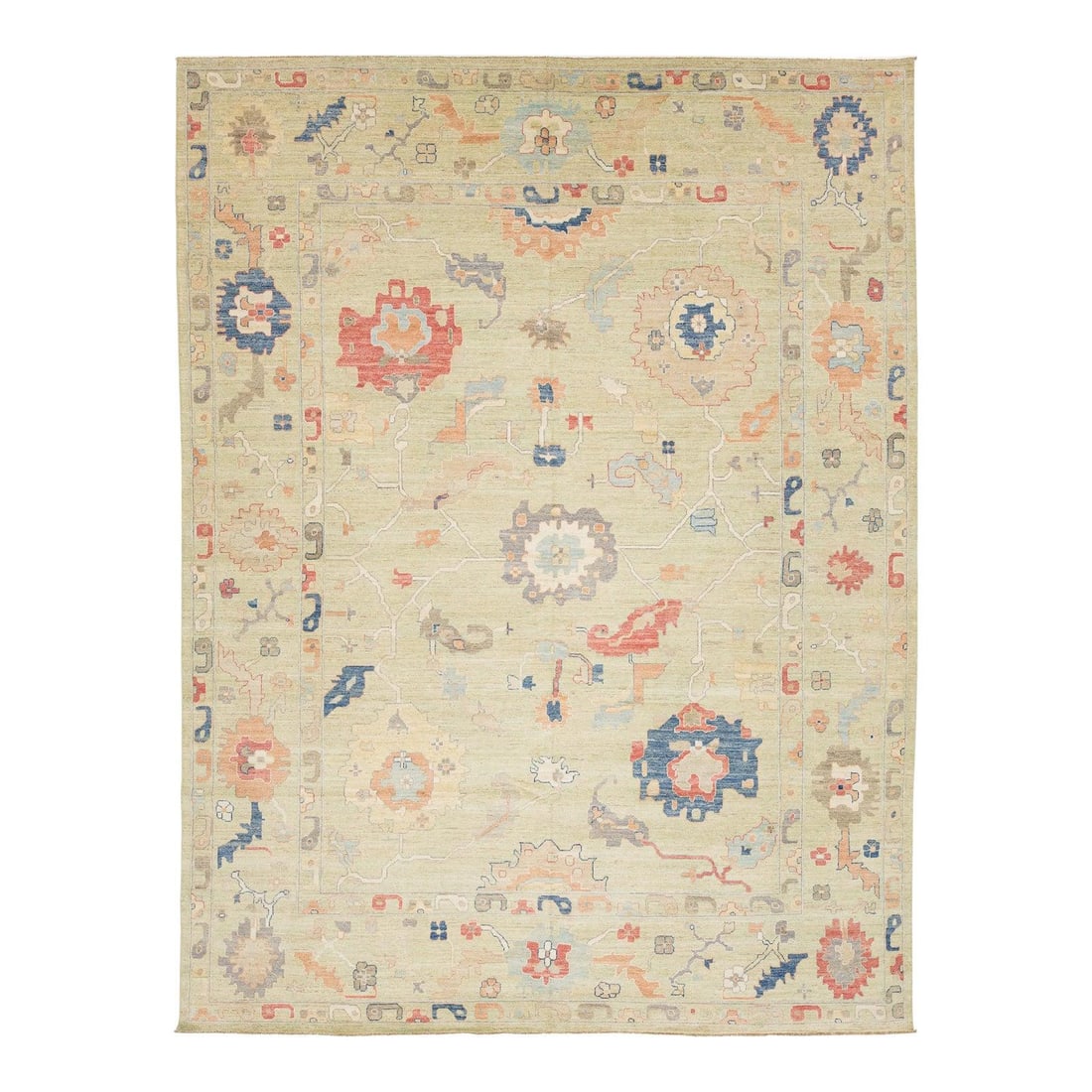 12x16 Sage Green Hand-Knotted Wool Rug Modern Oushak Style: 12x16 Sage Green Hand-Knotted Wool Rug Modern Oushak Style This Modern Oushak style area rug features traditional Turkish design elements blended with a contemporary aesthetic. Expertly hand-knotted f