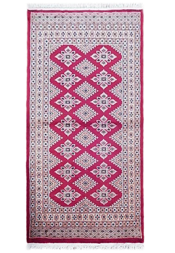 2.7 x 4.1 Red Hand-Knotted Jaldar Bokhara Rug from Pakistan: 2.7 x 4.1 Red Hand-Knotted Jaldar Bokhara Rug from Pakistan Free continental US Shipping Enhance your living space with this exquisite Red Jaldar Hand-knotted Bokhara Pattern Rug, measuring 2' 7" x 4'