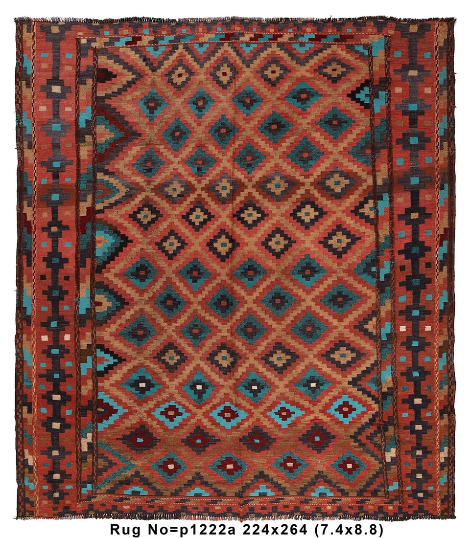 Old Afghan Handmade Kilim Wool Rug 7.4 x 8.8 ft Double-Sided: Old Afghan Handmade Kilim Wool Rug 7.4 x 8.8 ft Double-Sided Free continental US Shipping Enhance your space with the timeless beauty of this 7.4' x 8.8' Old Afghan Handmade Kilim Flat Weave Wool Rug.