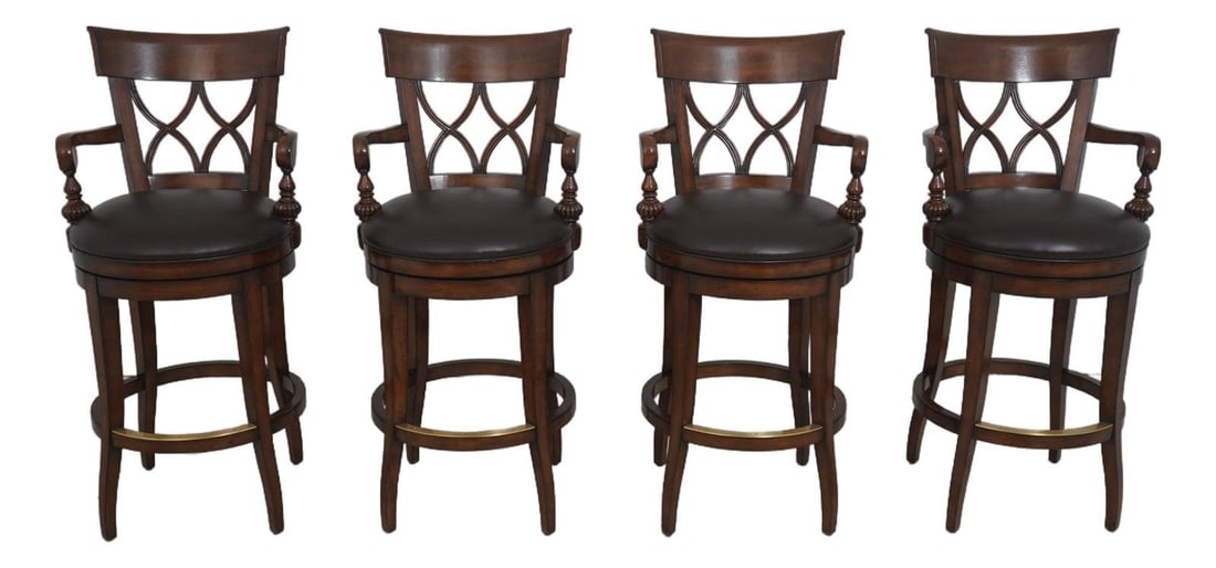 Set of Four Walnut Swivel Bar Stools With Brown Leather Seats (1 of 10)
