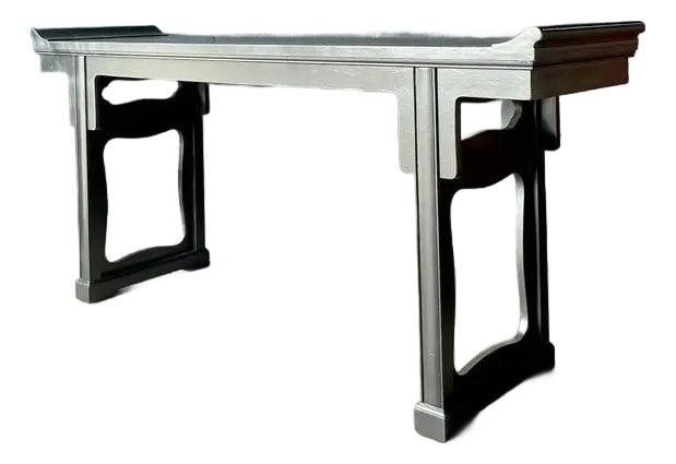 Ebonized Asian Pagoda Console Table With Geometric Base 73.25 Inch (1 of 10)