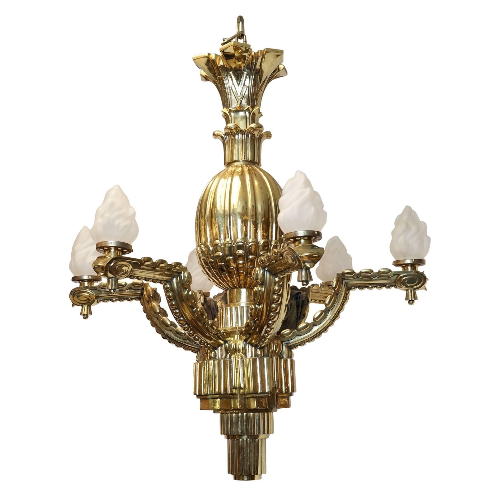 French Art Deco Gilt Bronze Six Arm Chandelier With Pineapple Motif: French Art Deco Gilt Bronze Six Arm Chandelier With Pineapple Motif This exceptional French Art Deco chandelier from the 1930s features a striking gilt bronze frame adorned with a pineapple motif and