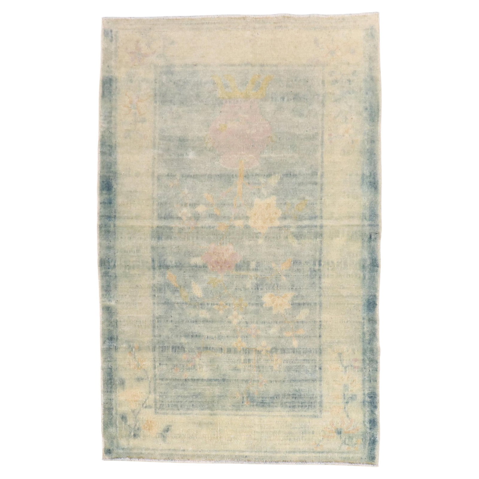 Mid-Century Modern Powder Blue Hand-Woven Chinese Rug 3'2 x 4'9: Mid-Century Modern Powder Blue Hand-Woven Chinese Rug 3'2 x 4'9 This exquisite Powder Blue Chinese Rug captures the essence of Mid-Century Modern design. Hand-woven from high-quality wool, this early