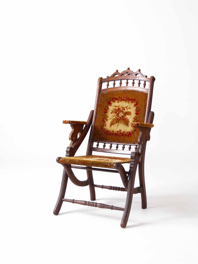 Antique Folding Armchair with Carved Wood and Floral Tapestry Upholstery (1 of 9)
