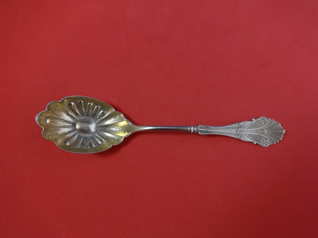 John Polhamus Shiebler Corinthian Sterling Silver Preserve Spoon Gold Washed 6 7/8": John Polhamus Shiebler Corinthian Sterling Silver Preserve Spoon Gold Washed 6 7/8" This exquisite serving spoon is a sterling silver preserve spoon from the renowned Corinthian pattern by John Polham