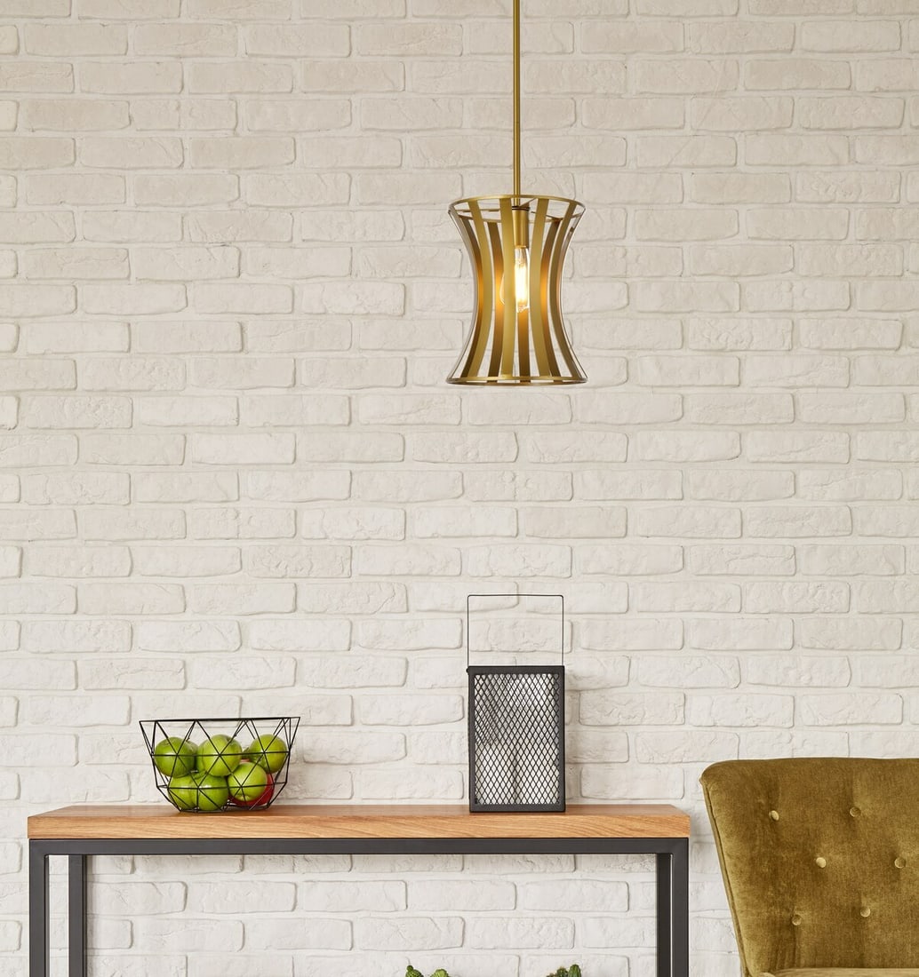 Lily Modern Brass Pendant Chandelier Light for Dining or Bedroom by Living District: Lily Modern Brass Pendant Chandelier Light for Dining or Bedroom by Living District This pendant chandelier light fixture features a modern hourglass-shaped shade in a brass color finish. Suitable for