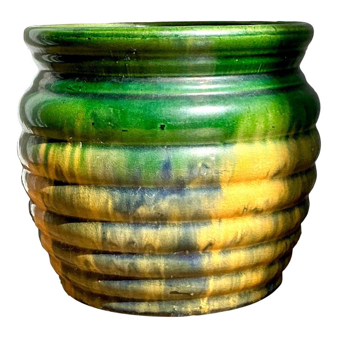 Majolica Style Ceramic Jardiniere with Multicolor Drip Glaze Ribbed Beehive Form (1 of 8)