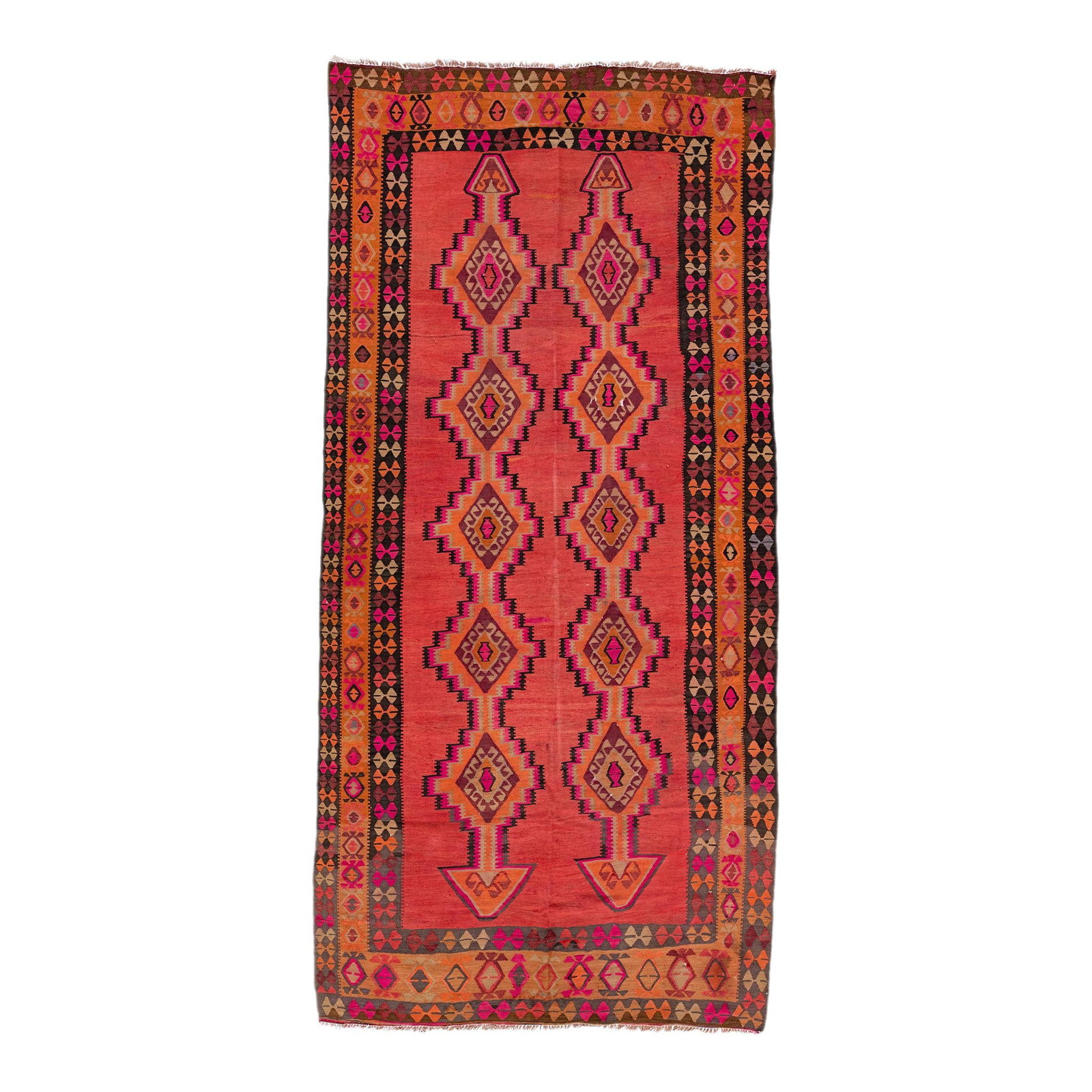 1960s Handmade Turkish Kilim Orange Tribal Wool Rug 6'2 x 12'7: 1960s Handmade Turkish Kilim Orange Tribal Wool Rug 6'2 x 12'7 Discover the charm of this stunning vintage Turkish Kilim rug, expertly hand-knotted from high-quality wool. Featuring a vibrant orange f