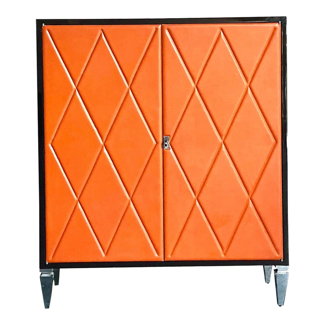 Orange Harlequin Pattern Leather Cabinet With Tufted Design And Lucite Feet: Orange Harlequin Pattern Leather Cabinet With Tufted Design And Lucite Feet This vintage cabinet showcases a striking design that blends Hollywood Regency glamour with bohemian luxury. The front featu