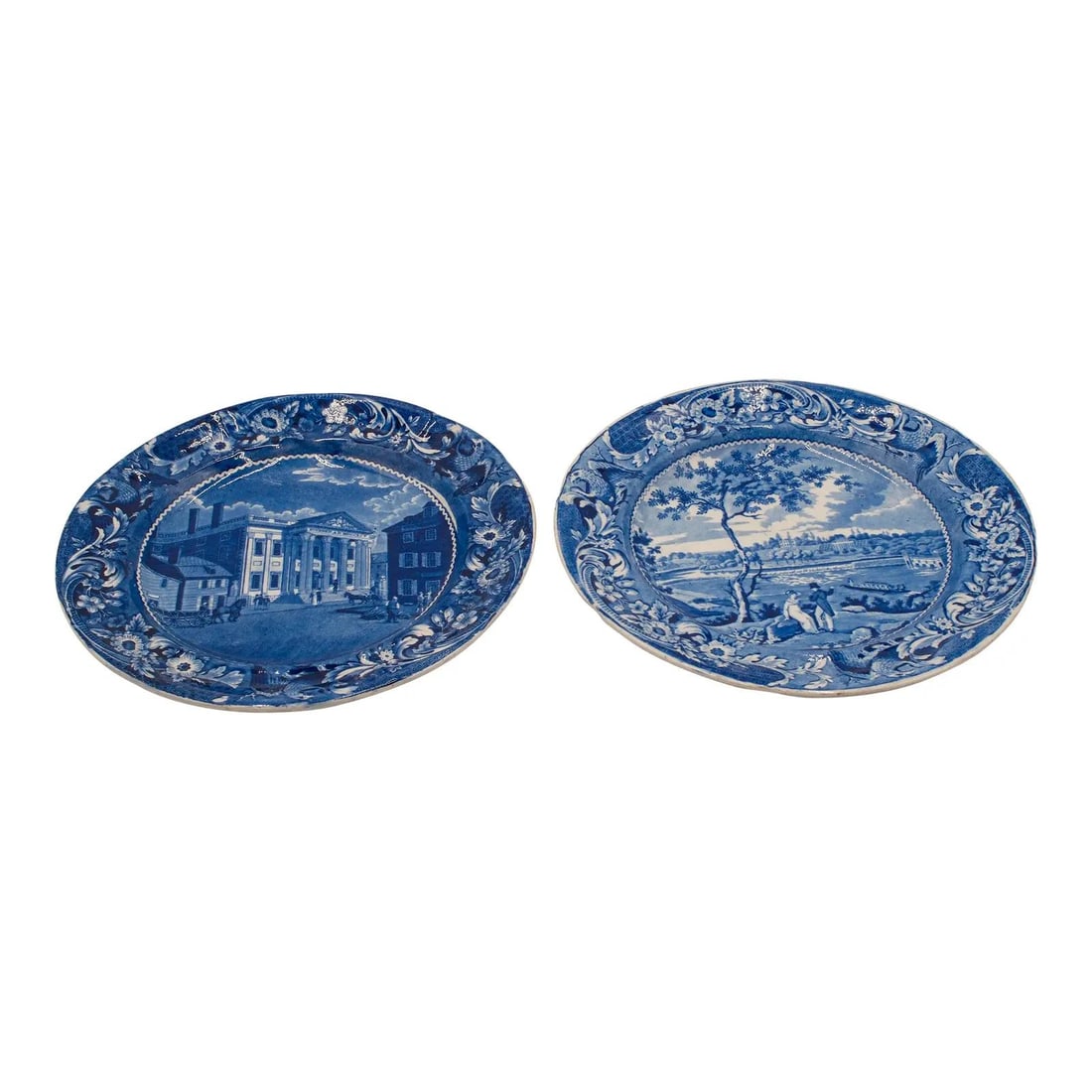 Antique Pair of Philadelphia Staffordshire Blue White Ceramic Plates: Antique Pair of Philadelphia Staffordshire Blue White Ceramic Plates This exquisite pair of Philadelphia Staffordshire English blue and white plates, dating back to the early 1800s, showcases a beauti